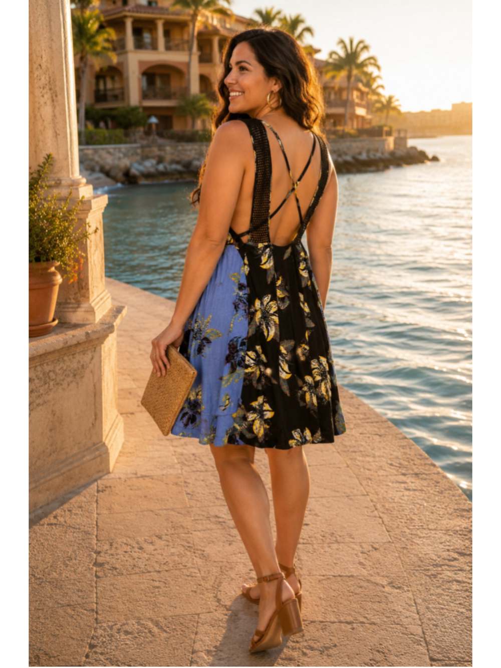 Free People Two-Tone Floral Mini Dress — Blue & Black